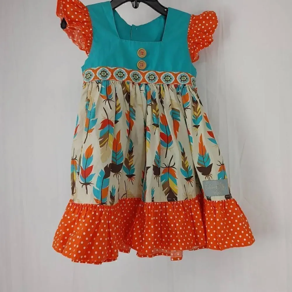 Eleanor Rose Feather Dress Turquoise Orange Polka Dot Toddler Girls Size 2T.